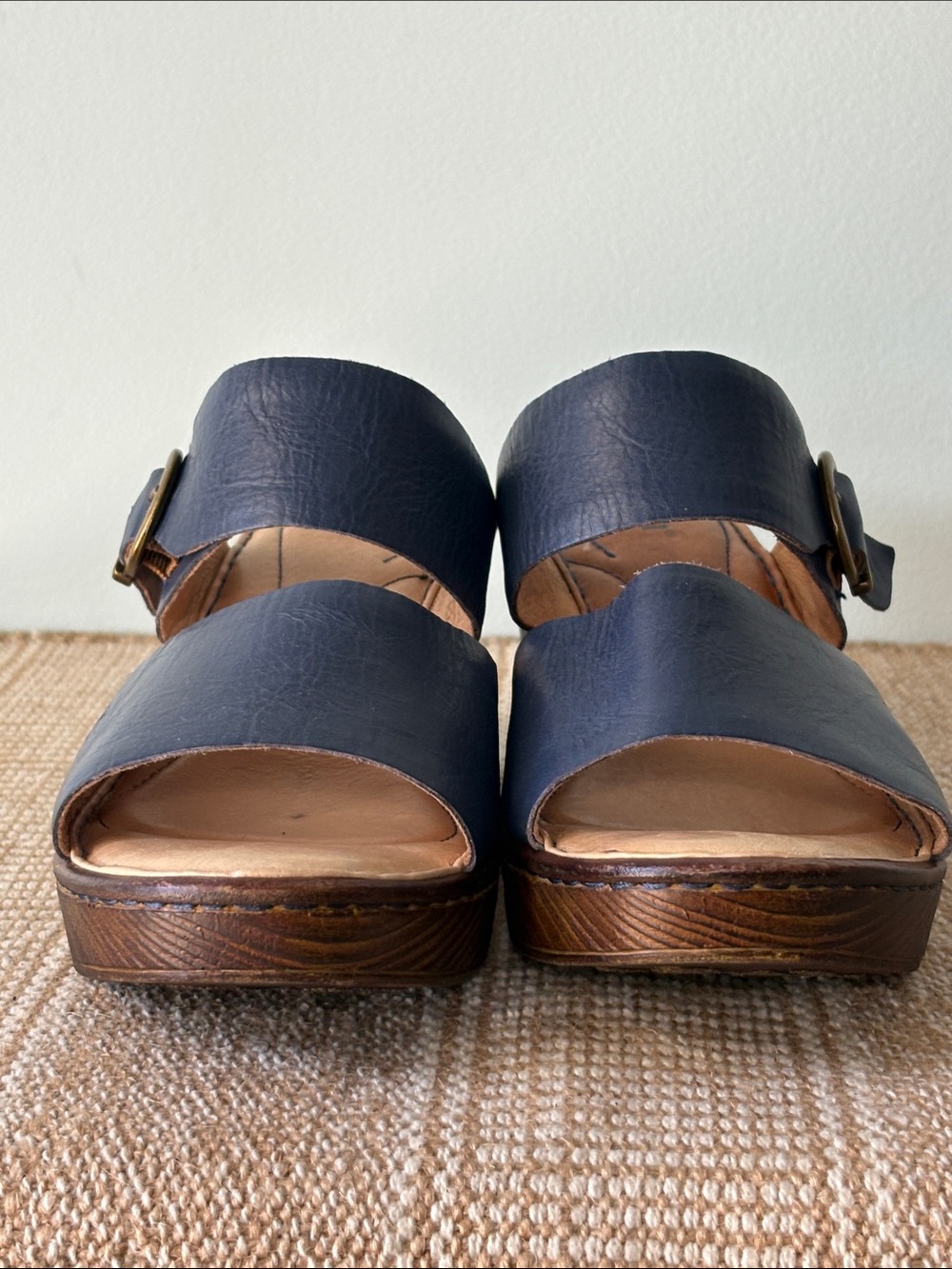 Born Navy Blue Leather Double-Strap Wedge Sandals; Adjustable buckles Size-8 - Picture 3 of 12